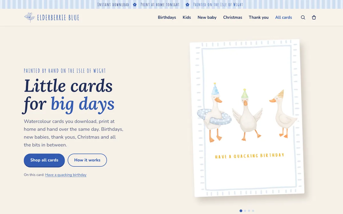 The Elderberrie Blue homepage: a watercolour birthday card of three ducks in party hats.