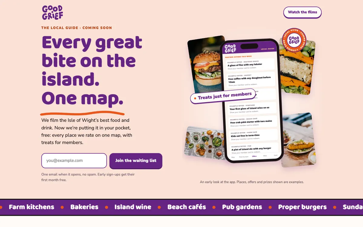 The Good Grief Local Guide page: purple headline and phone screens of the app.