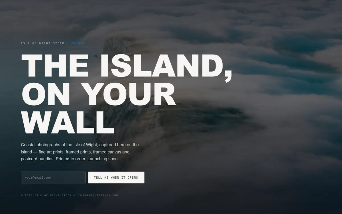 The Isle of Wight Prints page: a misty coastal photo and a sign-up box.