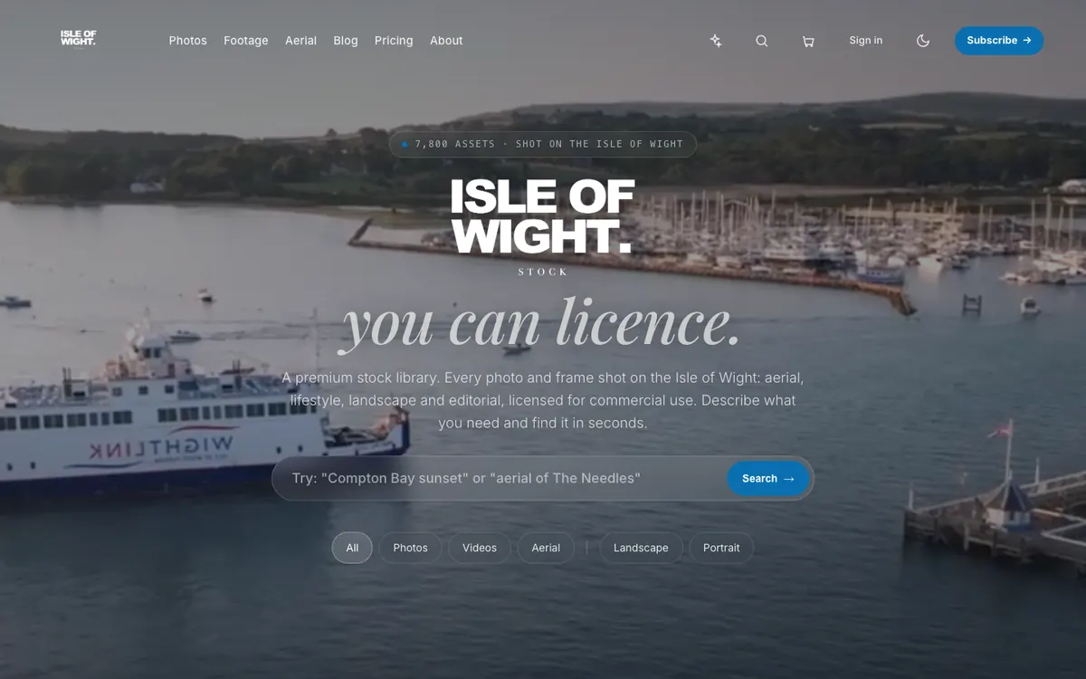 The Isle of Wight Stock homepage: a harbour video with a search box over it.