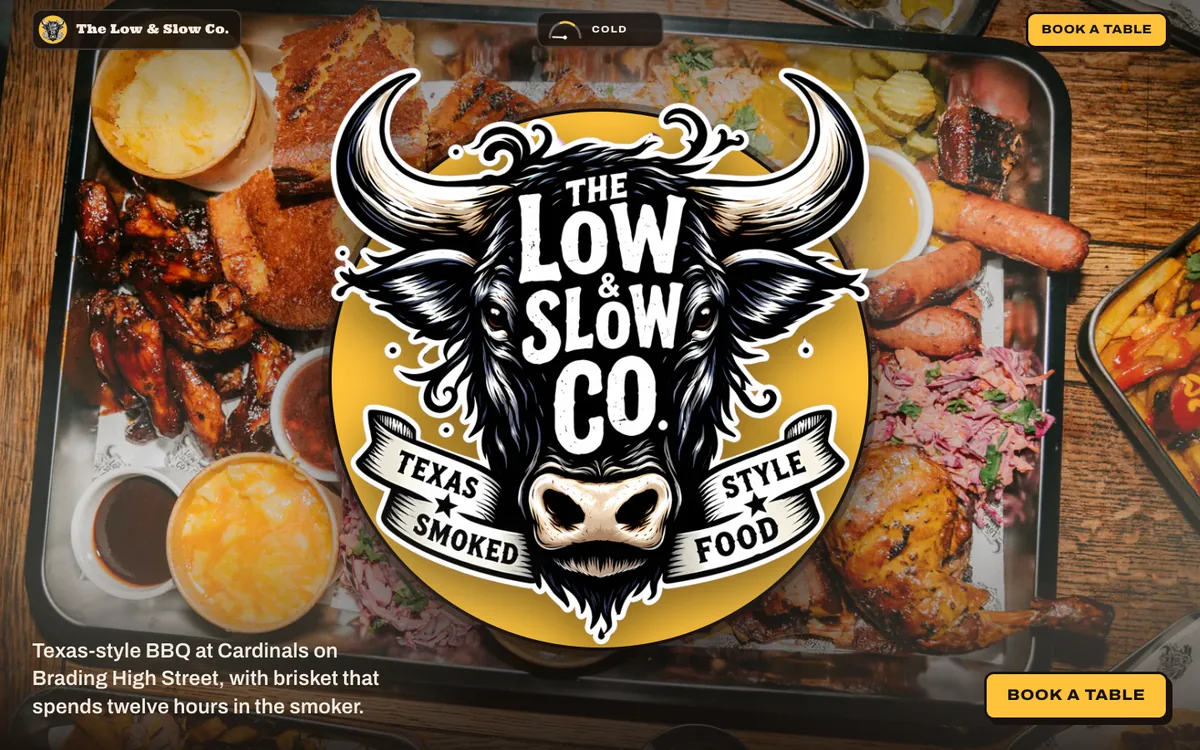 The Low & Slow Co. homepage: their bull logo over a tray of smoked meats.